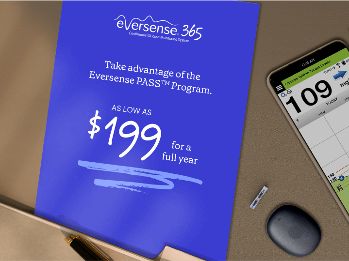 A blue flyer promotes Eversense 365 glucose monitoring for $199 for a full year
