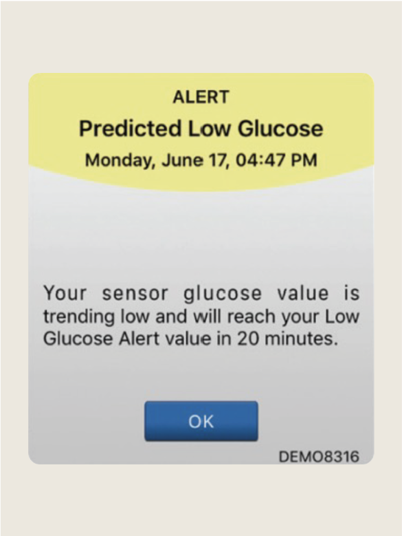 Alert notification predicts low glucose level in 20 minutes. Text reads: "Predicted Low Glucose