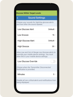 A smartphone screen displaying glucose alert sound settings, including snooze options and override toggle